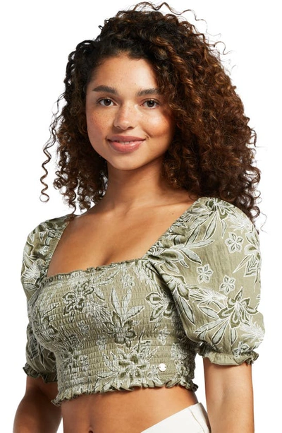 Roxy Sunset Walks Smocked Crop Top In Deep Lichen