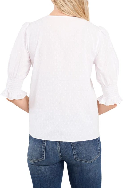 Cece Clip Dot Puff Sleeve Blouse In Ultra White