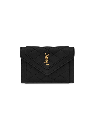 Shop Saint Laurent Women's Gaby Flap Card Case In Quilted Lambskin In Black