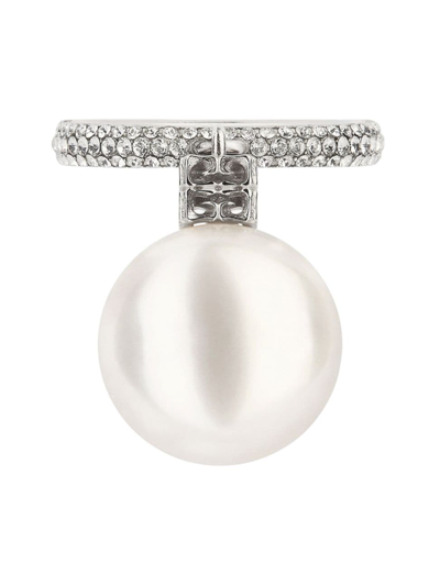 Shop Givenchy Women's Pearl Ring In Metal With Crystals In White Silvery