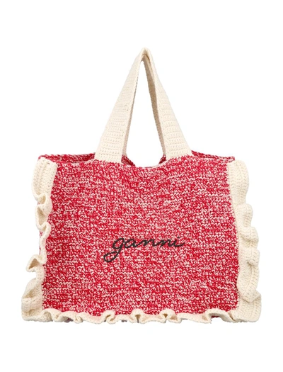 Shop Ganni Crochet Frill Tote Solid Bag In White Red