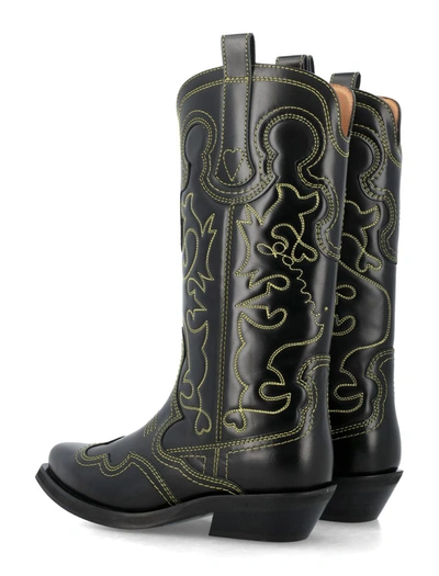 Shop Ganni Mid Shaft Embroidered Western Boots In Black