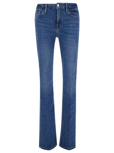 Shop Frame 'mini Boot' Blue Flared Jeans With Branded Button In Cotton Blend Denim Woman