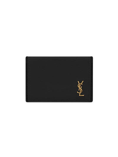 Shop Saint Laurent Women's Tiny Cassandre Card Case In Grained Leather In Black