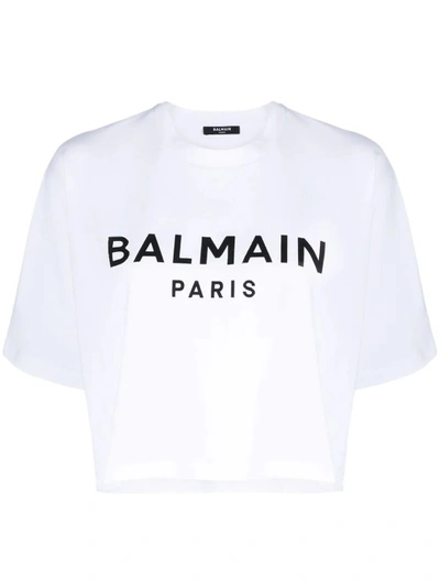 Shop Balmain White Cropped Logo Print T-shirt