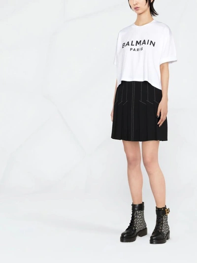 Shop Balmain White Cropped Logo Print T-shirt