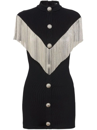 Shop Balmain Black Fringed Mini Dress