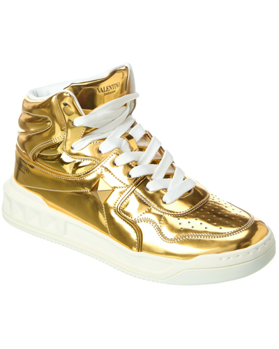 Shop Valentino Leather Mid-top Sneaker In Gold