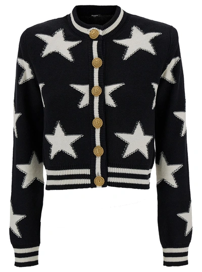 Shop Balmain Buttonned Knit Stars Cropped Cardigan In Black