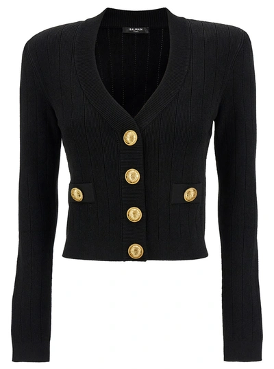 Shop Balmain Buttoned Knit Crop Cardigan In Black