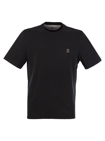 Shop Brunello Cucinelli Slim Fit Crew-neck T-shirt In Cotton Jersey With Logo In Black