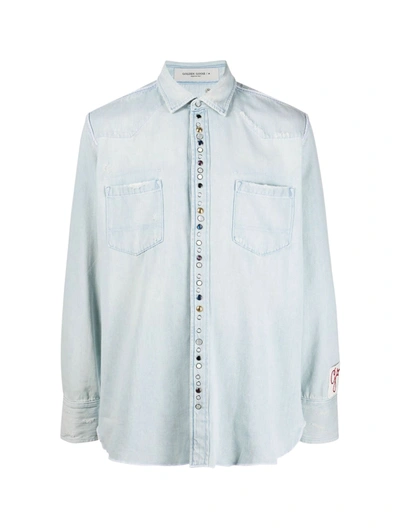 Shop Golden Goose Golden M`s Regular Shirt Bleached Washed Denim With Hammered Studs In Blue