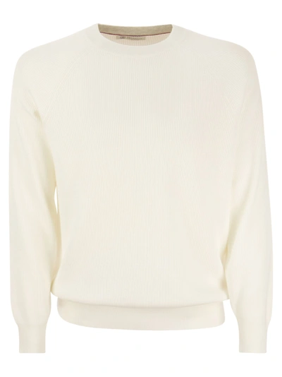 Shop Brunello Cucinelli Cotton Rib Sweater With Raglan Sleeve In Cream