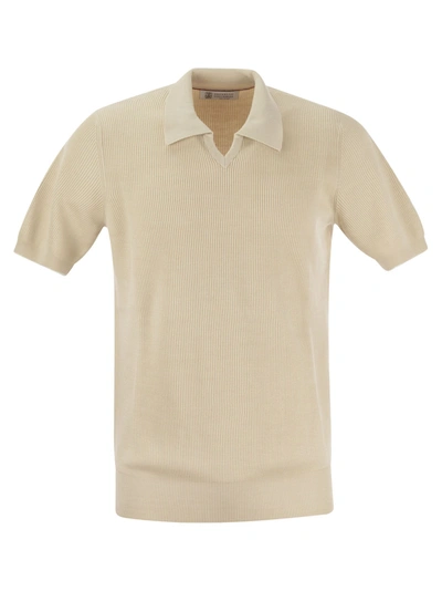 Shop Brunello Cucinelli Cotton Rib Knit Polo Shirt In Oat
