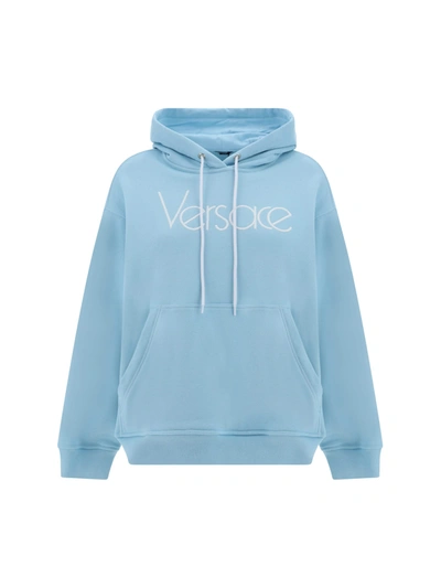 Shop Versace Hoodie In Pale Blue+bianco