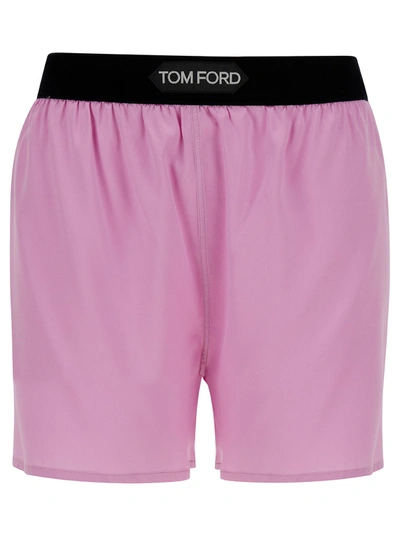 Shop Tom Ford Pink Satin Shorts With Logo On Waistband In Stretch Silk Woman