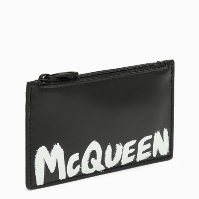 Shop Alexander Mcqueen Alexander Mc Queen Black Leather Zipped Card Holder With Logo