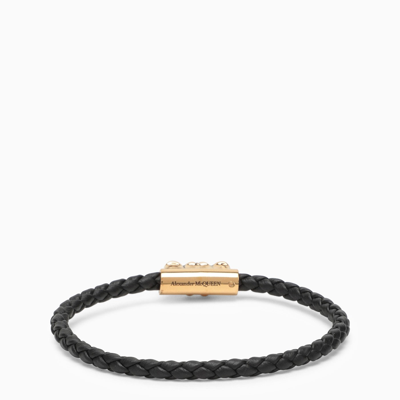 Shop Alexander Mcqueen Alexander Mc Queen Seal Black/gold Leather Logo Bracelet