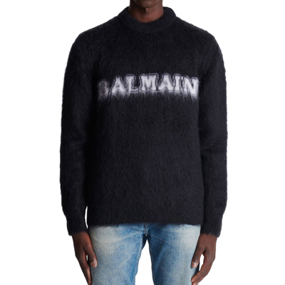 Balmain Black Crewneck Sweater With Maxi Logo Lettering On The Front And Brushed Effect In Wool Blen