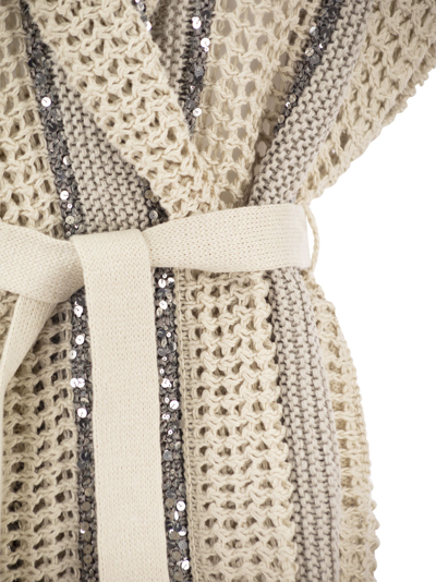 Shop Brunello Cucinelli Dazzling Stripe Cardigan In Jute, Linen, Cotton And Silk Net Stitch With Belt