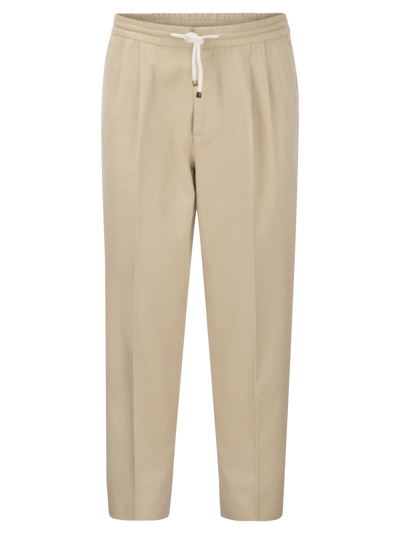Shop Brunello Cucinelli Leisure Fit Cotton Gabardine Trousers With Drawstring And Double Darts
