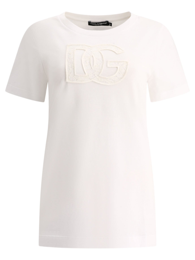 Dolce & Gabbana Dolce&gabbana White Crew Neck T Shirt With Logo Embroidery In Cotton In Neutral