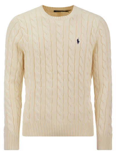 Polo Ralph Lauren White Cable Knit Crewneck Sweater With Pony Embroidery On The Front In Wool And Cashmere Man