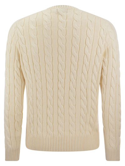 Polo Ralph Lauren White Cable Knit Crewneck Sweater With Pony Embroidery On The Front In Wool And Cashmere Man