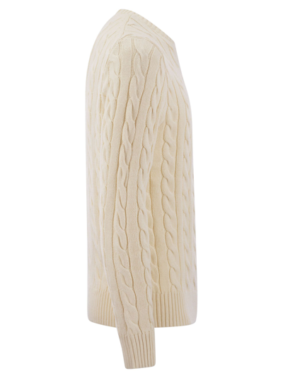 Polo Ralph Lauren White Cable Knit Crewneck Sweater With Pony Embroidery On The Front In Wool And Cashmere Man