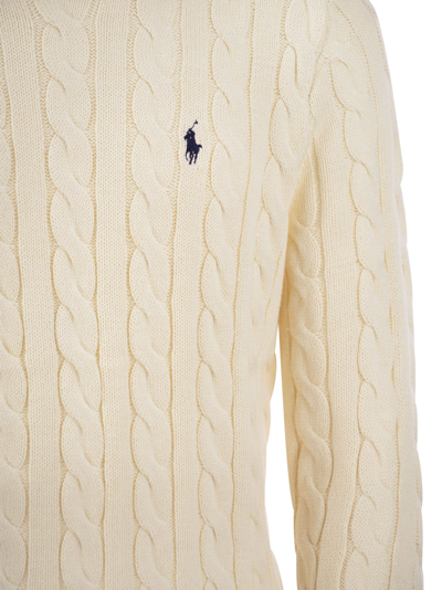 Polo Ralph Lauren White Cable Knit Crewneck Sweater With Pony Embroidery On The Front In Wool And Cashmere Man