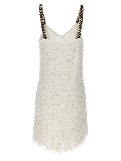 Shop Balmain Fringed Tweed Dresses White