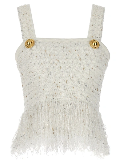 Shop Balmain Fringed Tweed Tops White