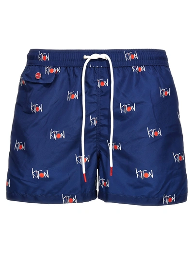 Shop Kiton Logo Print Swim Shorts Beachwear Blue