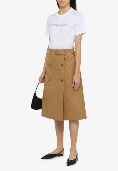 Shop Burberry A-line Belted Midi Skirt In Beige