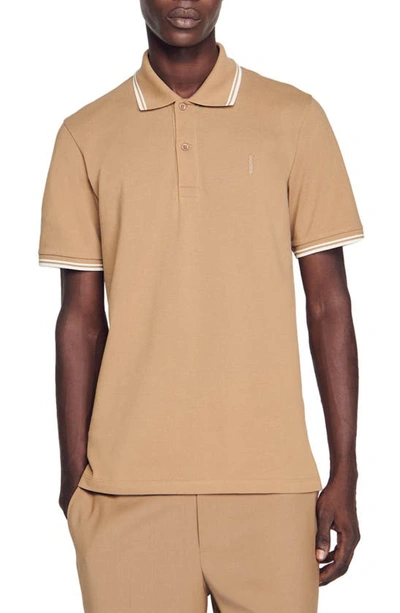 Shop Sandro Vertical Logo Embroidered Polo In Brown