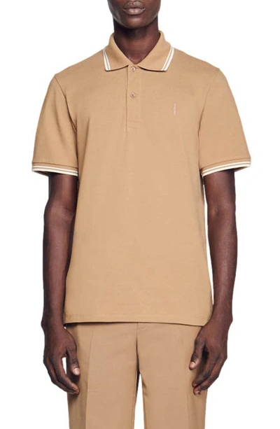 Shop Sandro Vertical Logo Embroidered Polo In Brown