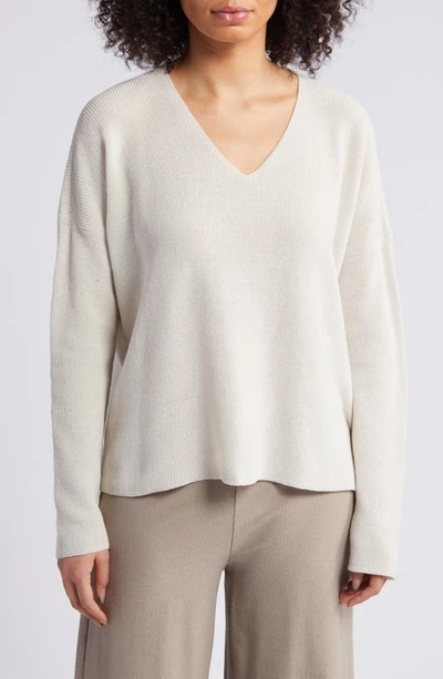 Shop Eileen Fisher V-neck Organic Cotton Pullover Sweater In Bone