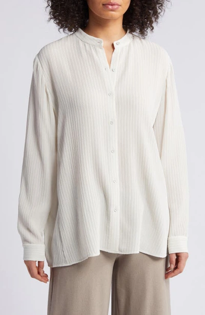 Shop Eileen Fisher Rib Band Collar Silk Button-up Shirt In Bone