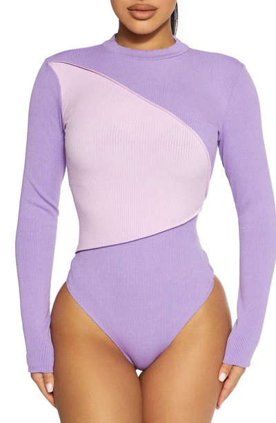 Shop Naked Wardrobe Mock Neck Rib Bodysuit In Bloom/ Purple
