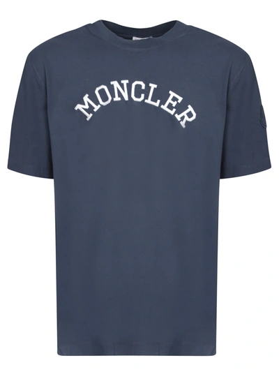 Shop Moncler Embroidered Logo Blue T-shirt