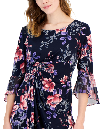 Shop Connected Petite Bell-sleeve Gathered Sheath Dress In Navy,mauve