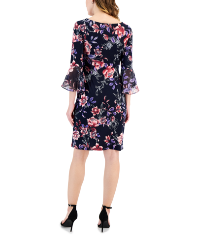 Shop Connected Petite Bell-sleeve Gathered Sheath Dress In Navy,mauve
