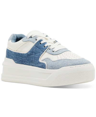 Shop Madden Girl Oley Lace-up Platform Court Sneakers In White,denim Multi
