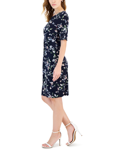 Shop Connected Petite Elbow-sleeve Gathered Jersey Sheath Dress In Navy