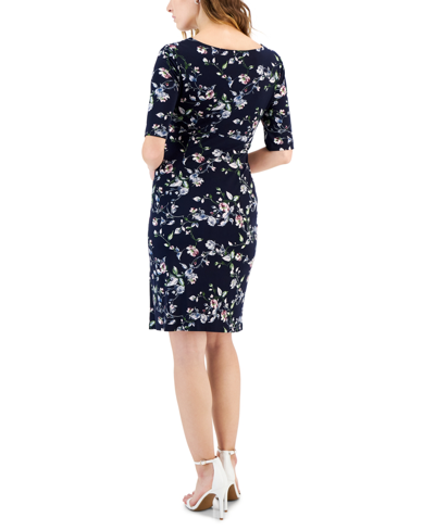 Shop Connected Petite Elbow-sleeve Gathered Jersey Sheath Dress In Navy