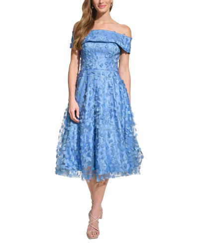 Shop Eliza J Petite 3d Floating Flowers Off-the-shoulder Midi Dress In Slate