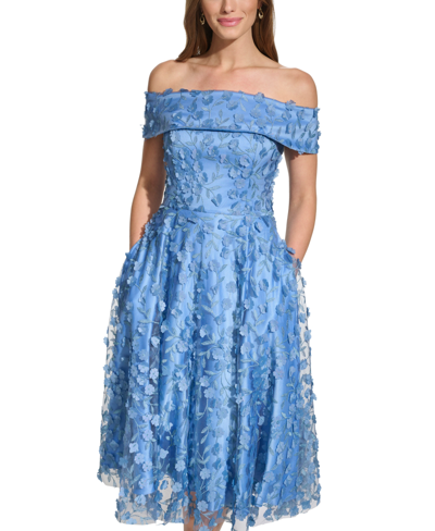 Shop Eliza J Petite 3d Floating Flowers Off-the-shoulder Midi Dress In Slate