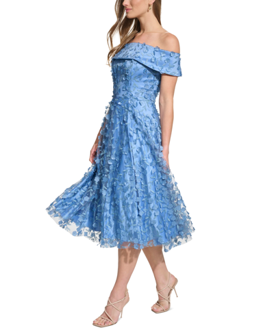 Shop Eliza J Women's Floral Mesh Off-the-shoulder Midi Dress In Slate