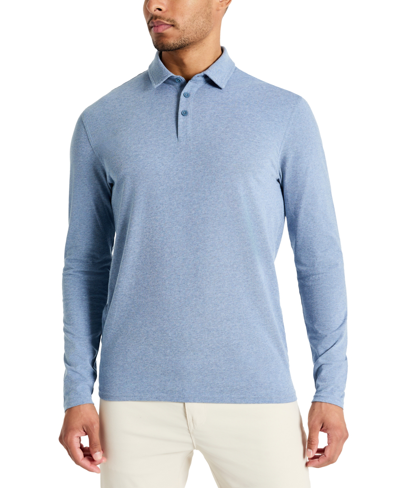 Shop Kenneth Cole Men's 4-way Stretch Heathered Long-sleeve Pique Polo Shirt In Heather Blue