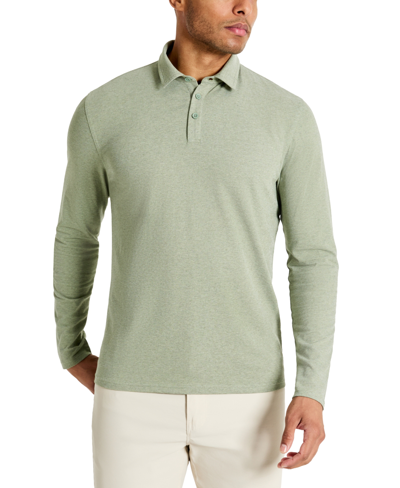 Shop Kenneth Cole Men's 4-way Stretch Heathered Long-sleeve Pique Polo Shirt In Mint Heather